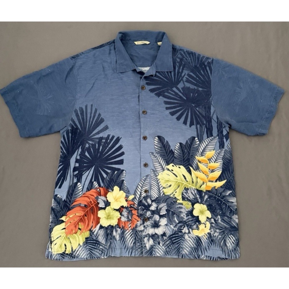 Tommy Bahama Shirt Men's Size XL Blue Short Sleeve 100% Silk Button-Up Hawaiian